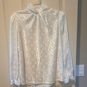 Vintage 60s White Long Sleeve Tie Front Blouse with Mandarin Collar